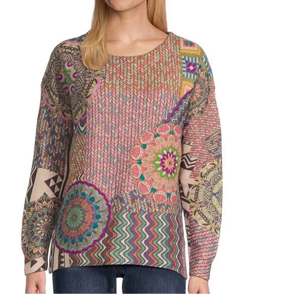 John Mark petite XL size patchwork print crew neck sweater long sleeve knit